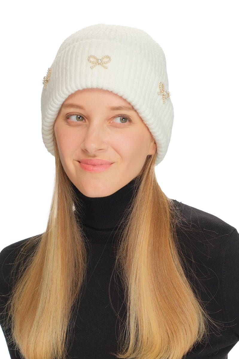 HTE0148 Pearl Bow Charm Cuff Beanie