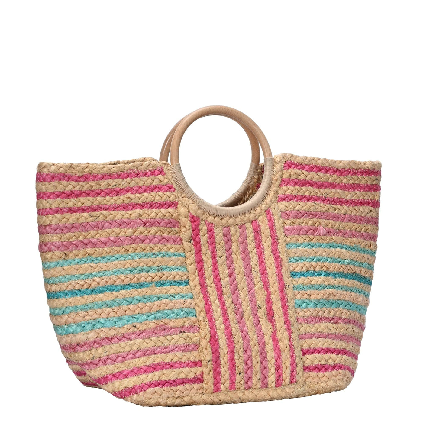 BGAIN199 Stiped Straw Beach Tote With Wood Handles - MiMi Wholesale