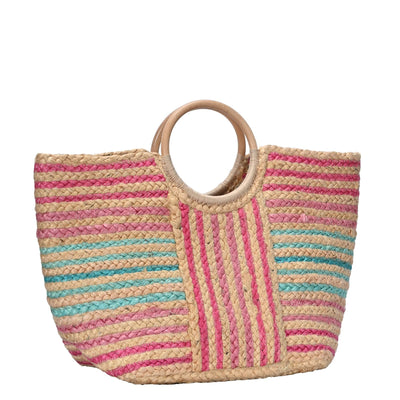 BGAIN199 Stiped Straw Beach Tote With Wood Handles - MiMi Wholesale