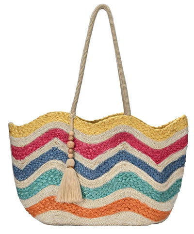 BGAIN230 Wavy Rainbow Straw Tote Bag - MiMi Wholesale