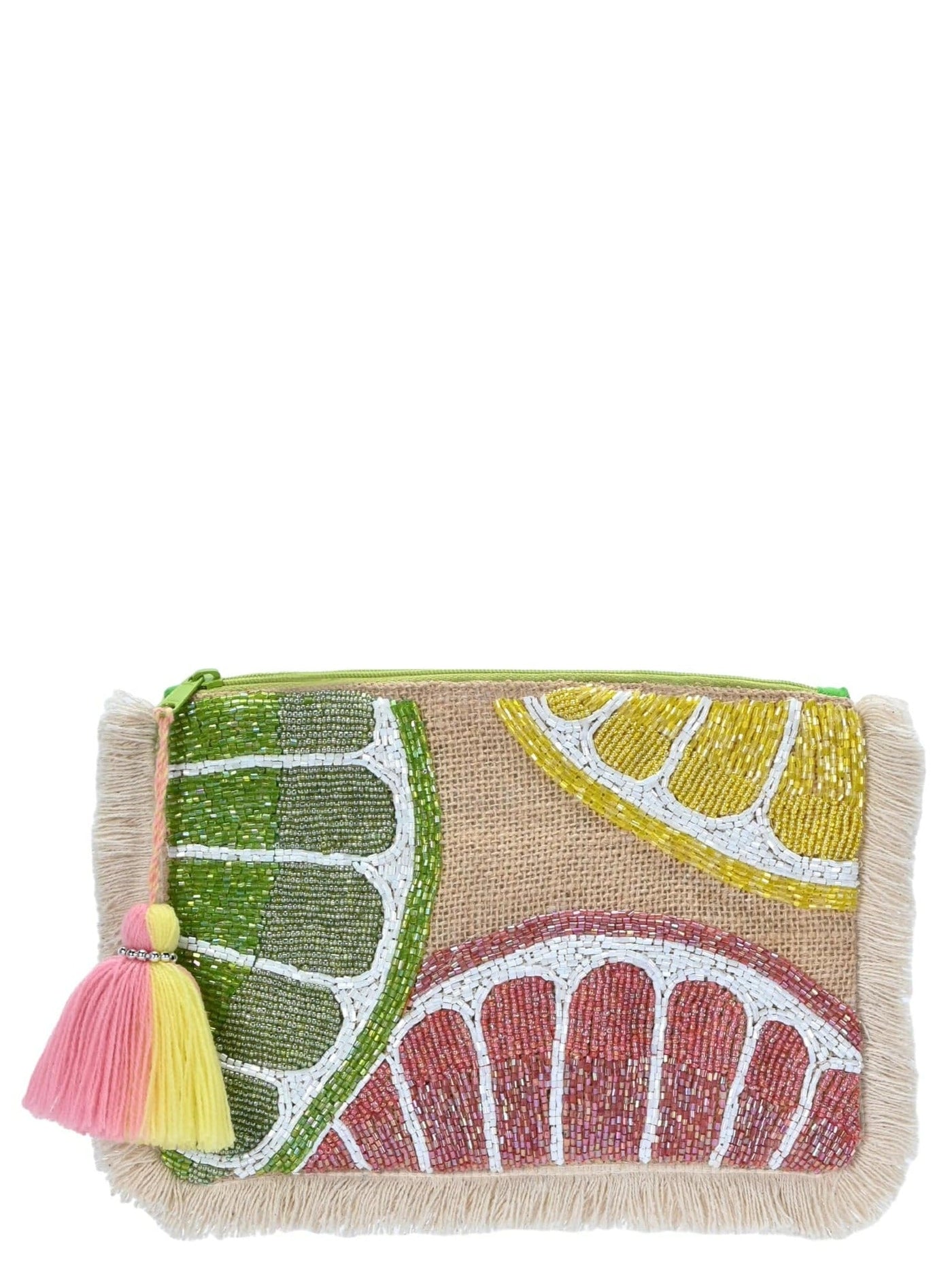 BGAIN255 Jute Handbeaded Fruit Fringe Pouch With Tassel - MiMi Wholesale