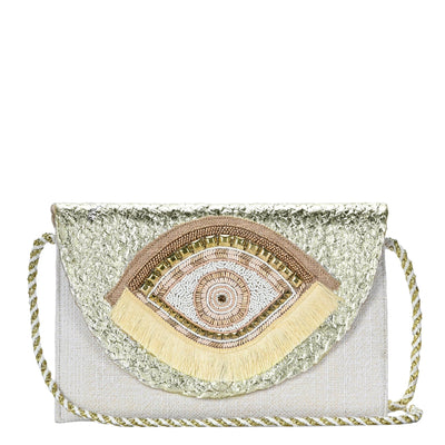 BGAIN307 Metallic Handbeaded Fringe Evil Eye Clutch/Crossbody - MiMi Wholesale