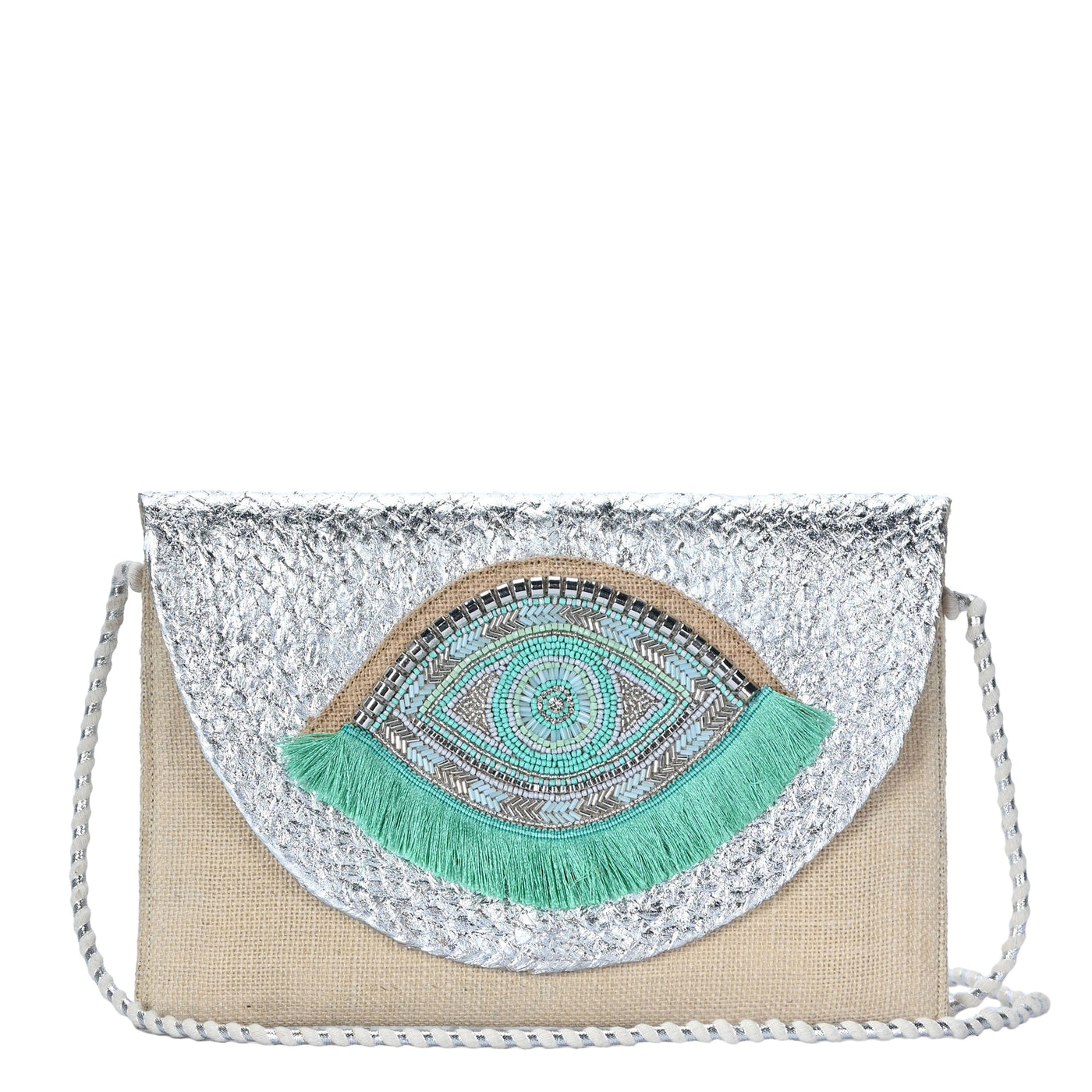 BGAIN307 Metallic Handbeaded Fringe Evil Eye Clutch/Crossbody - MiMi Wholesale