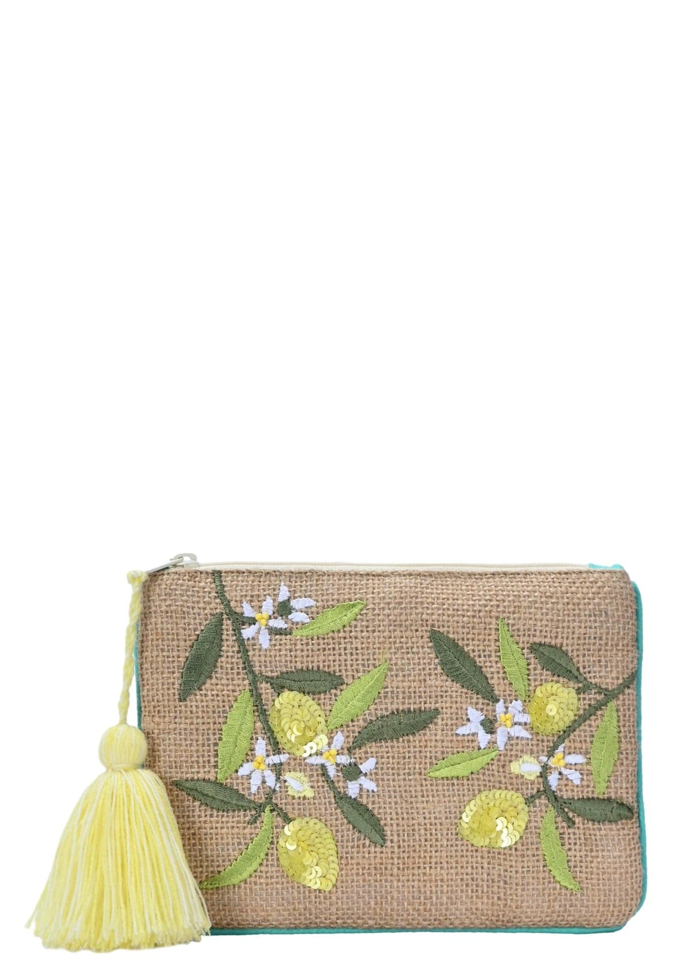 BGAIN320 Handmade Lemon Print Embroidered Jute Coin Pouch With Tassel - MiMi Wholesale