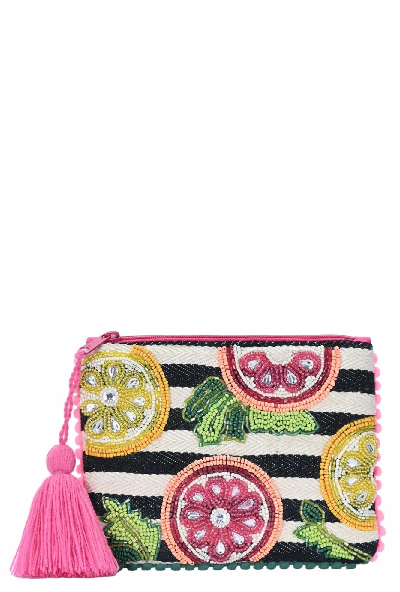 BGAIN322 Handbeaded Lemon Grapefruit Striped Coin Pouch With Tassel - MiMi Wholesale