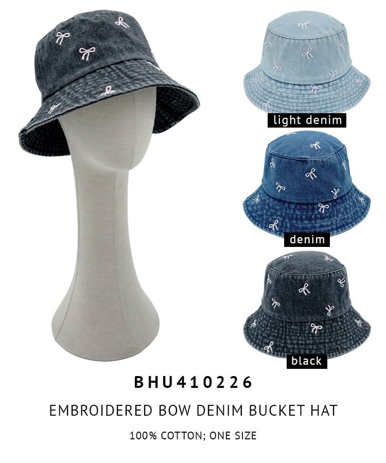 BHU410226 Embroidered Bow Denim Bucket Hat - MiMi Wholesale