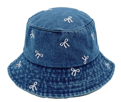 BHU410226 Embroidered Bow Denim Bucket Hat - MiMi Wholesale