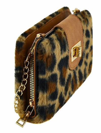 BP041LF Leopard Faux Fur Turn Lock Crossbody Wallet - MiMi Wholesale