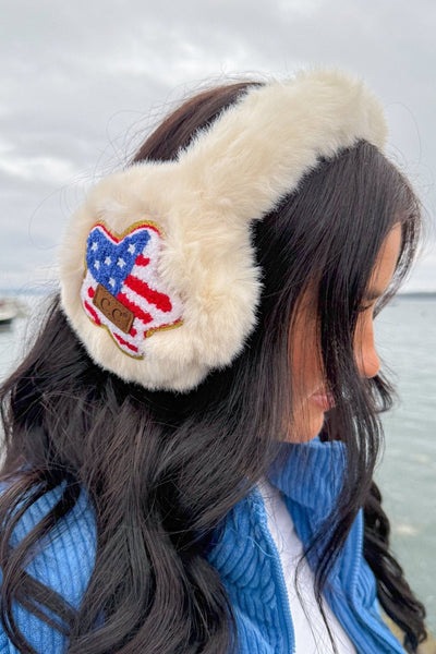 EMS4503 American Flag Chenille Patch Faux Fur Earmuffs - MiMi Wholesale