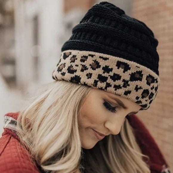 HAT80 Leopard Cuff Rib Beanie - MiMi Wholesale