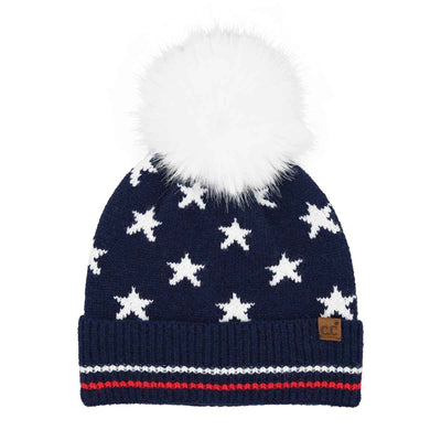 HTC0120 All Over Star and Stripe Cuff Pom Beanie - MiMi Wholesale