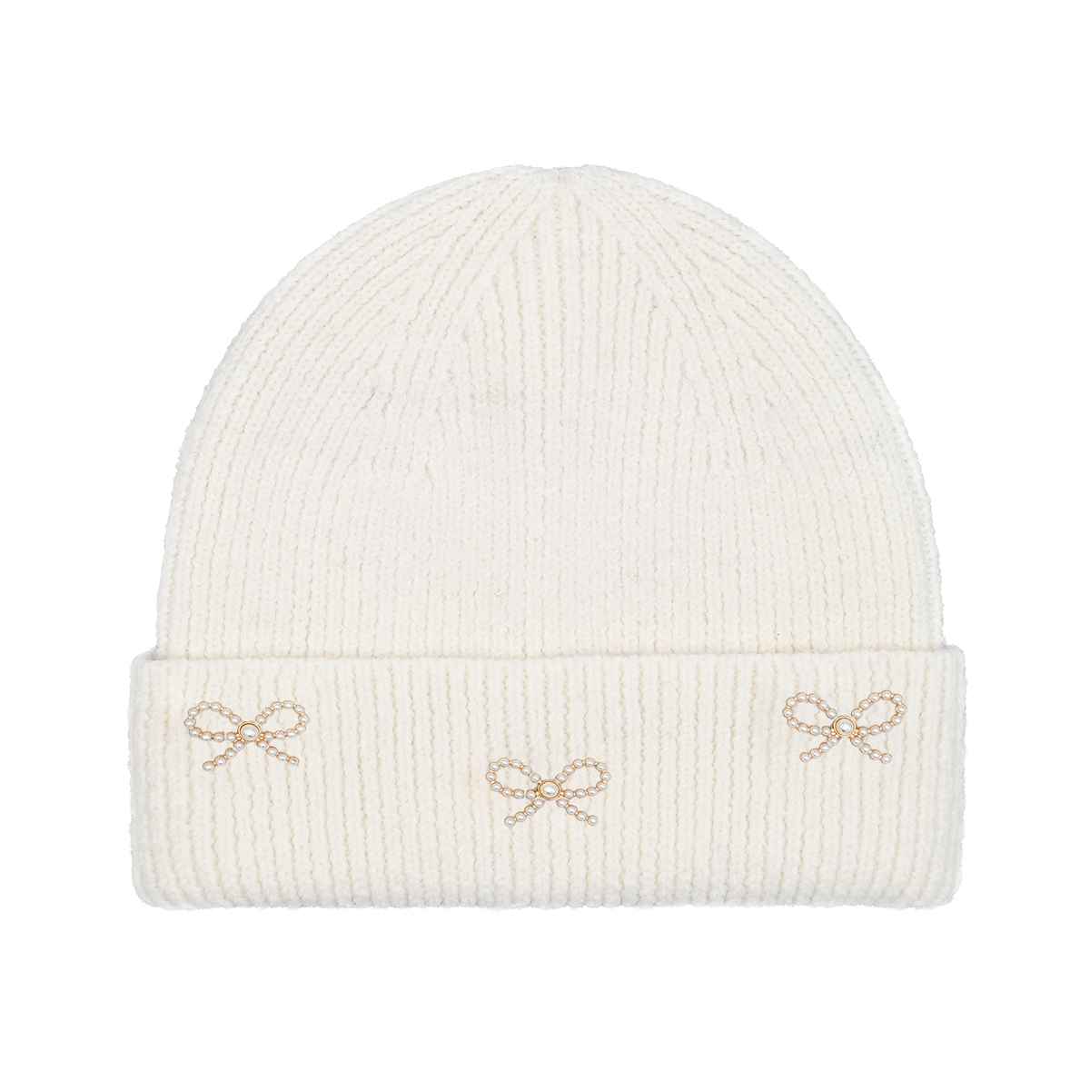 HTE0148 Pearl Bow Charm Cuff Beanie - MiMi Wholesale