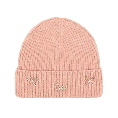 HTE0148 Pearl Bow Charm Cuff Beanie - MiMi Wholesale