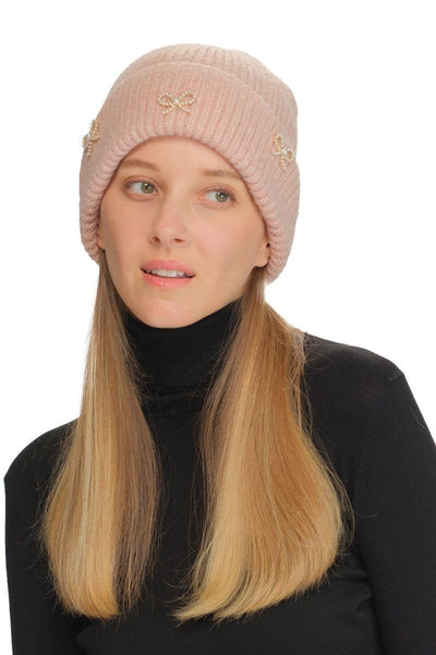 HTE0148 Pearl Bow Charm Cuff Beanie - MiMi Wholesale