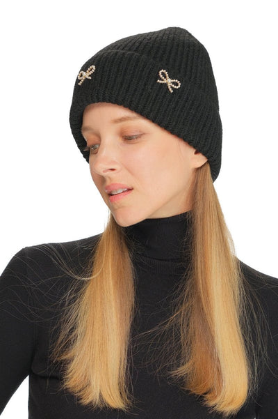 HTE0148 Pearl Bow Charm Cuff Beanie - MiMi Wholesale