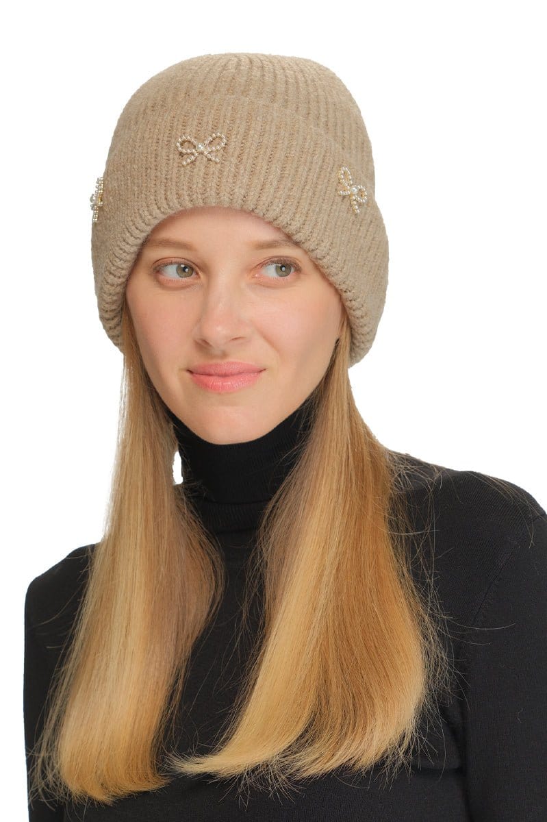 HTE0148 Pearl Bow Charm Cuff Beanie - MiMi Wholesale