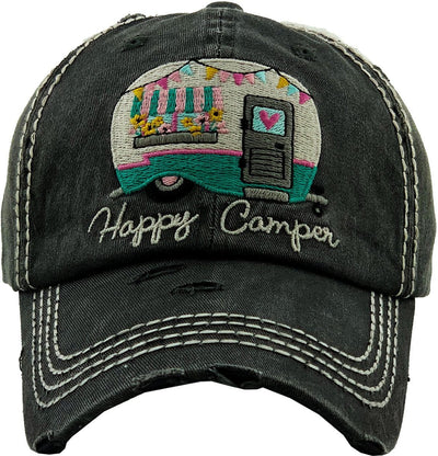 KBV1276 "HAPPY CAMPER" Vintage Washed Baseball Cap - MiMi Wholesale