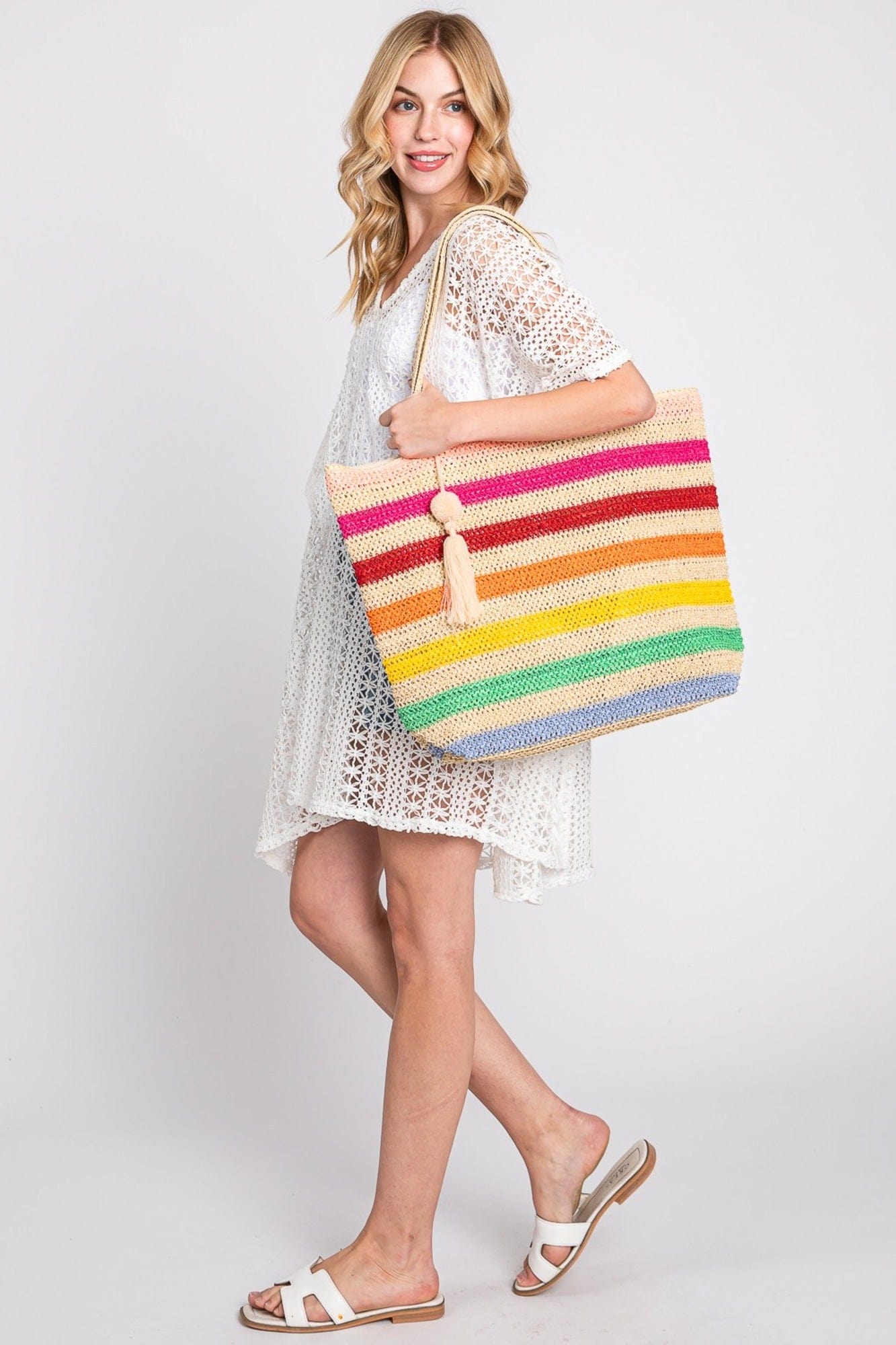 MB0205 Amara Rainbow Crochet Tote Bag With Tassel - MiMi Wholesale