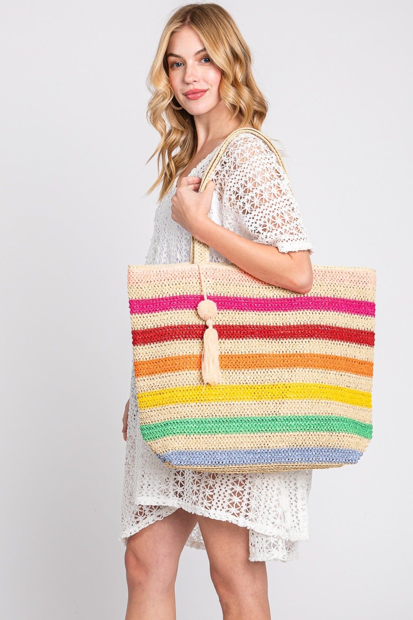 MB0205 Amara Rainbow Crochet Tote Bag With Tassel - MiMi Wholesale