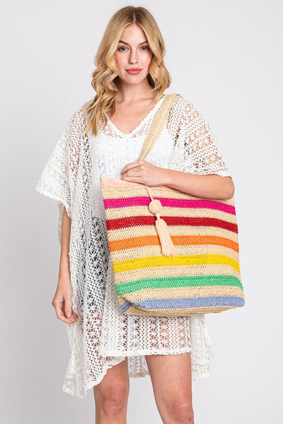 MB0205 Amara Rainbow Crochet Tote Bag With Tassel - MiMi Wholesale