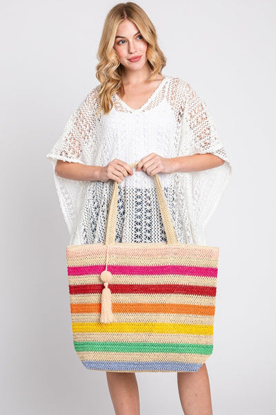 MB0205 Amara Rainbow Crochet Tote Bag With Tassel - MiMi Wholesale