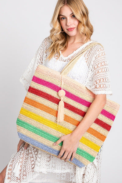 MB0205 Amara Rainbow Crochet Tote Bag With Tassel - MiMi Wholesale