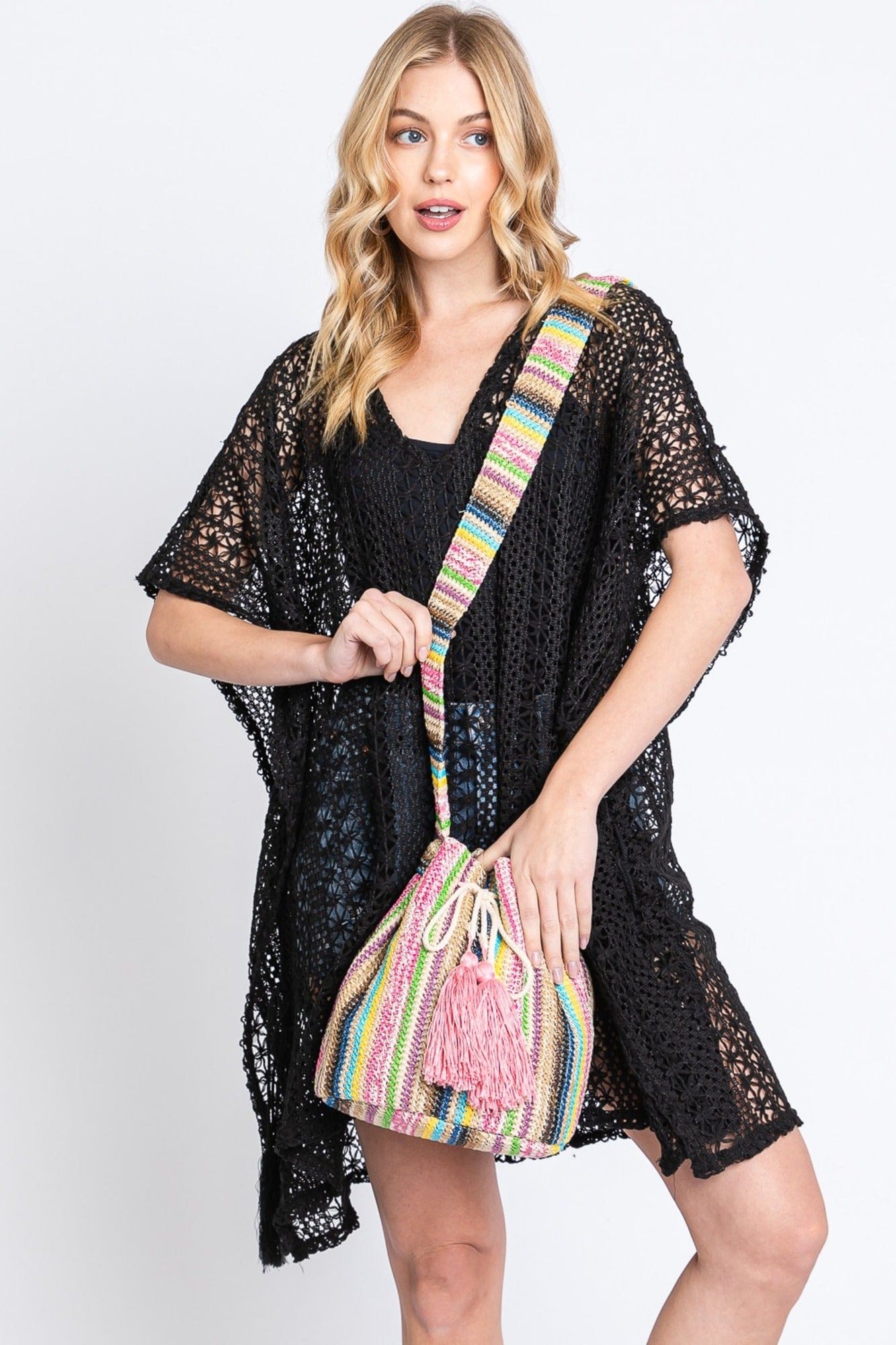 MB0236 Harmony Multi Color Striped Straw Bucket Bag - MiMi Wholesale