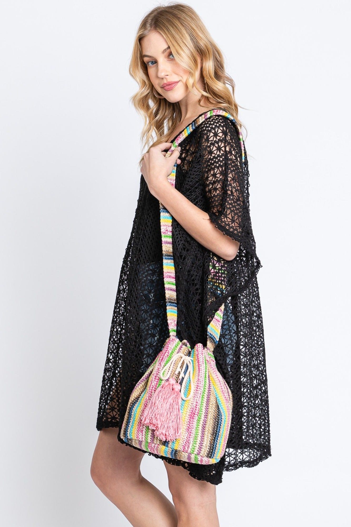 MB0236 Harmony Multi Color Striped Straw Bucket Bag - MiMi Wholesale