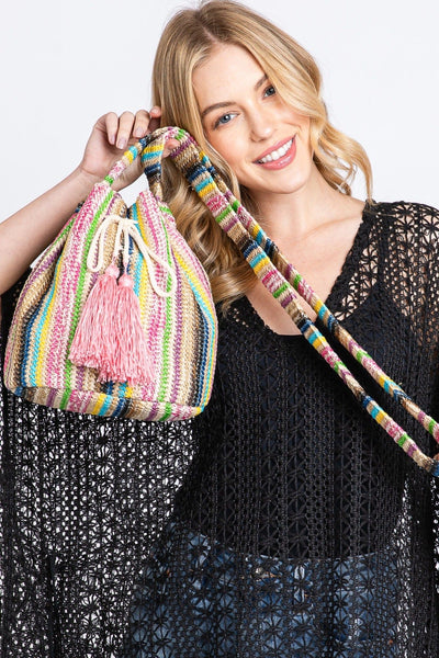 MB0236 Harmony Multi Color Striped Straw Bucket Bag - MiMi Wholesale