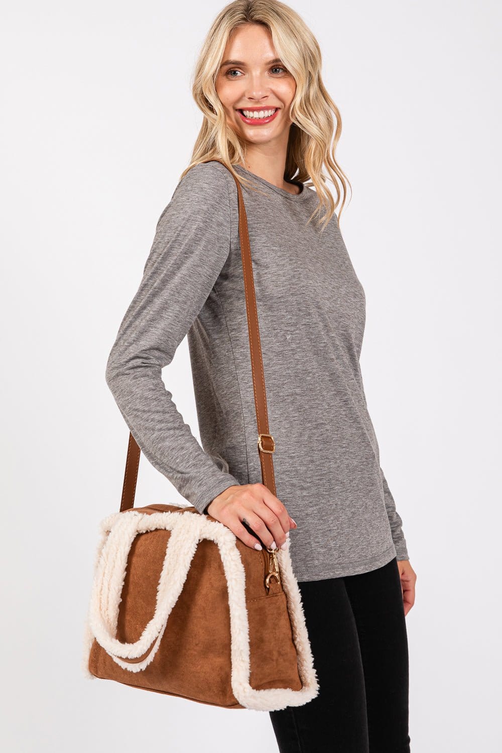 MB0260 Fleece Trimmed Tote/Crossbody Bag - MiMi Wholesale