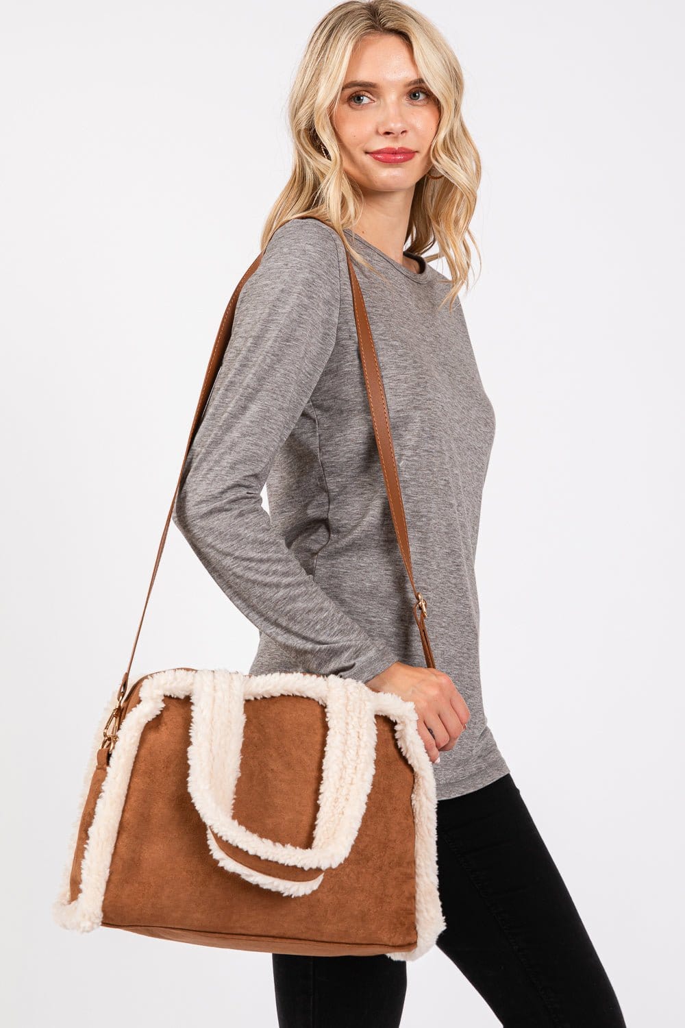 MB0260 Fleece Trimmed Tote/Crossbody Bag - MiMi Wholesale