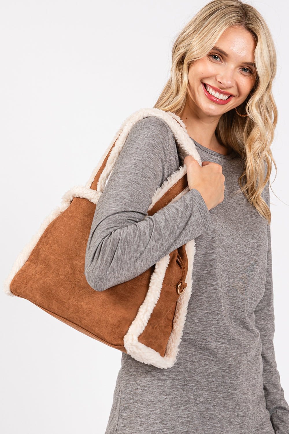 MB0260 Fleece Trimmed Tote/Crossbody Bag - MiMi Wholesale