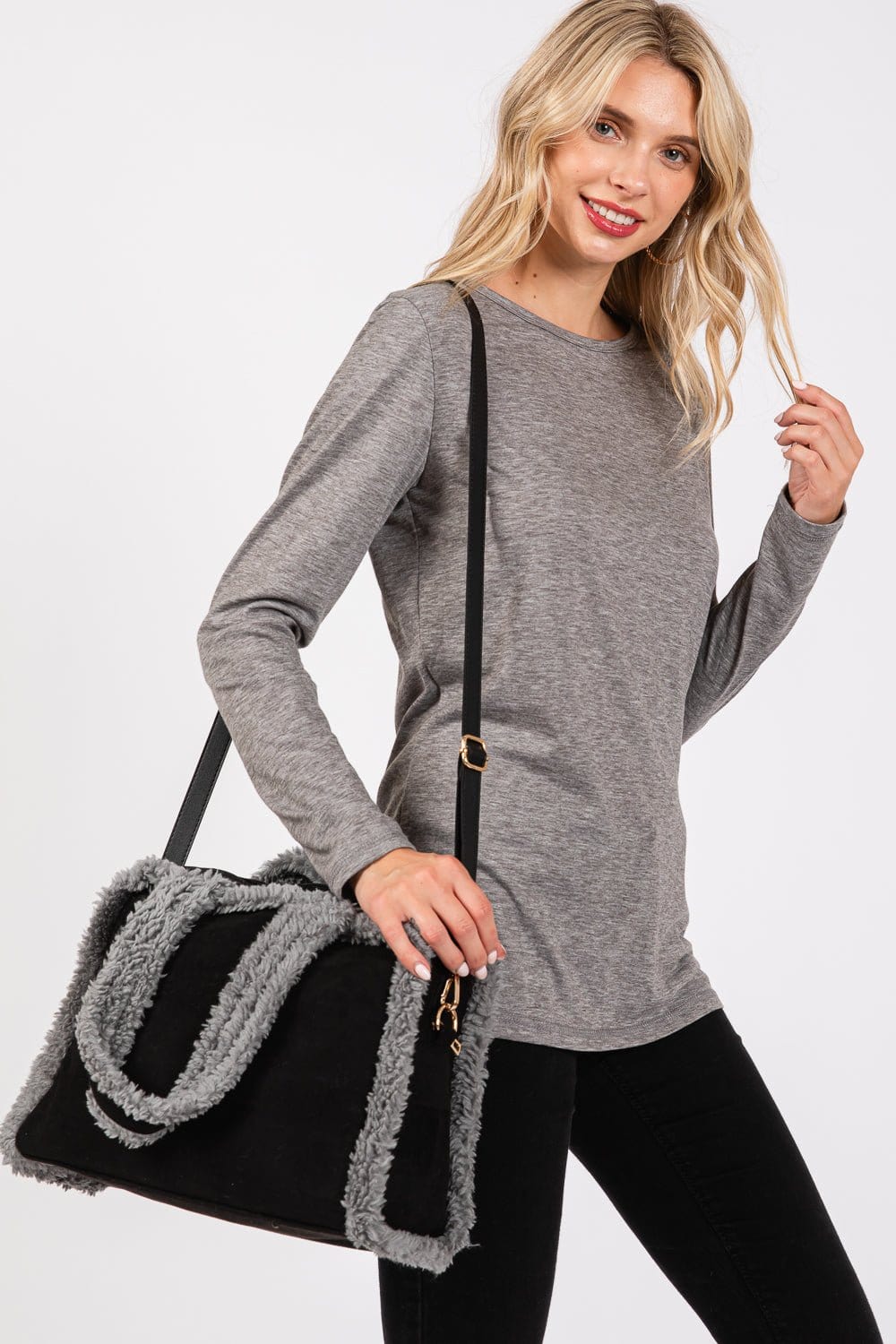 MB0260 Fleece Trimmed Tote/Crossbody Bag - MiMi Wholesale