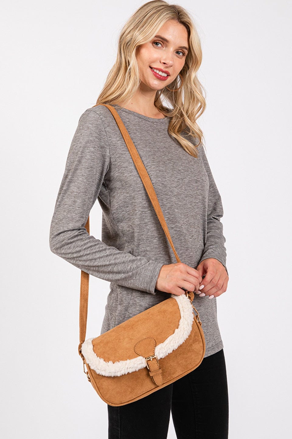 MB0261 SherpaTrimmed Faux Suede Crossbody Bag - MiMi Wholesale