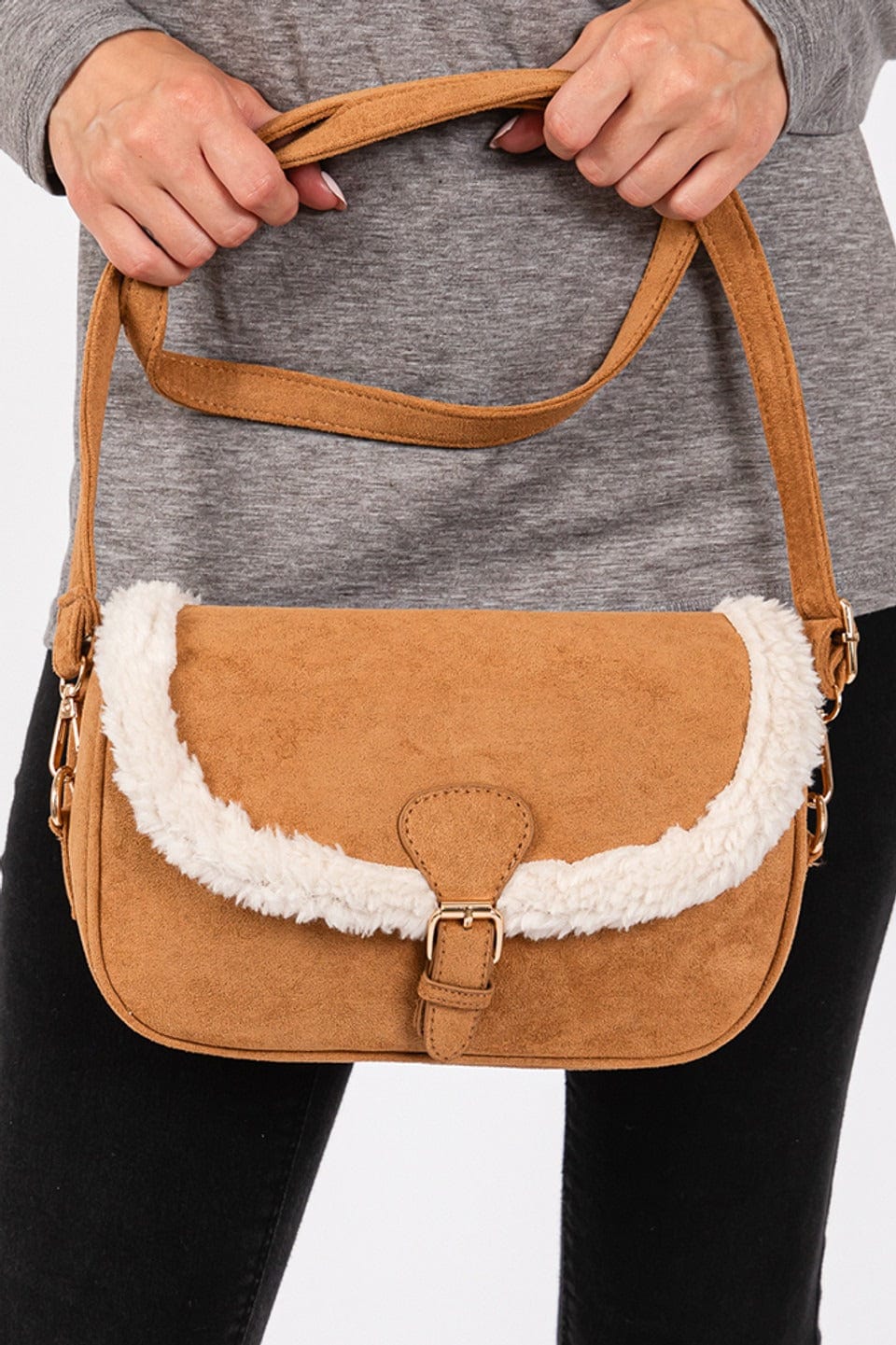 MB0261 SherpaTrimmed Faux Suede Crossbody Bag - MiMi Wholesale