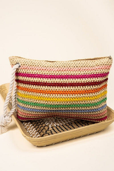 MP0205 Rope Handle Rainbow Striped Crochet Pouch - MiMi Wholesale