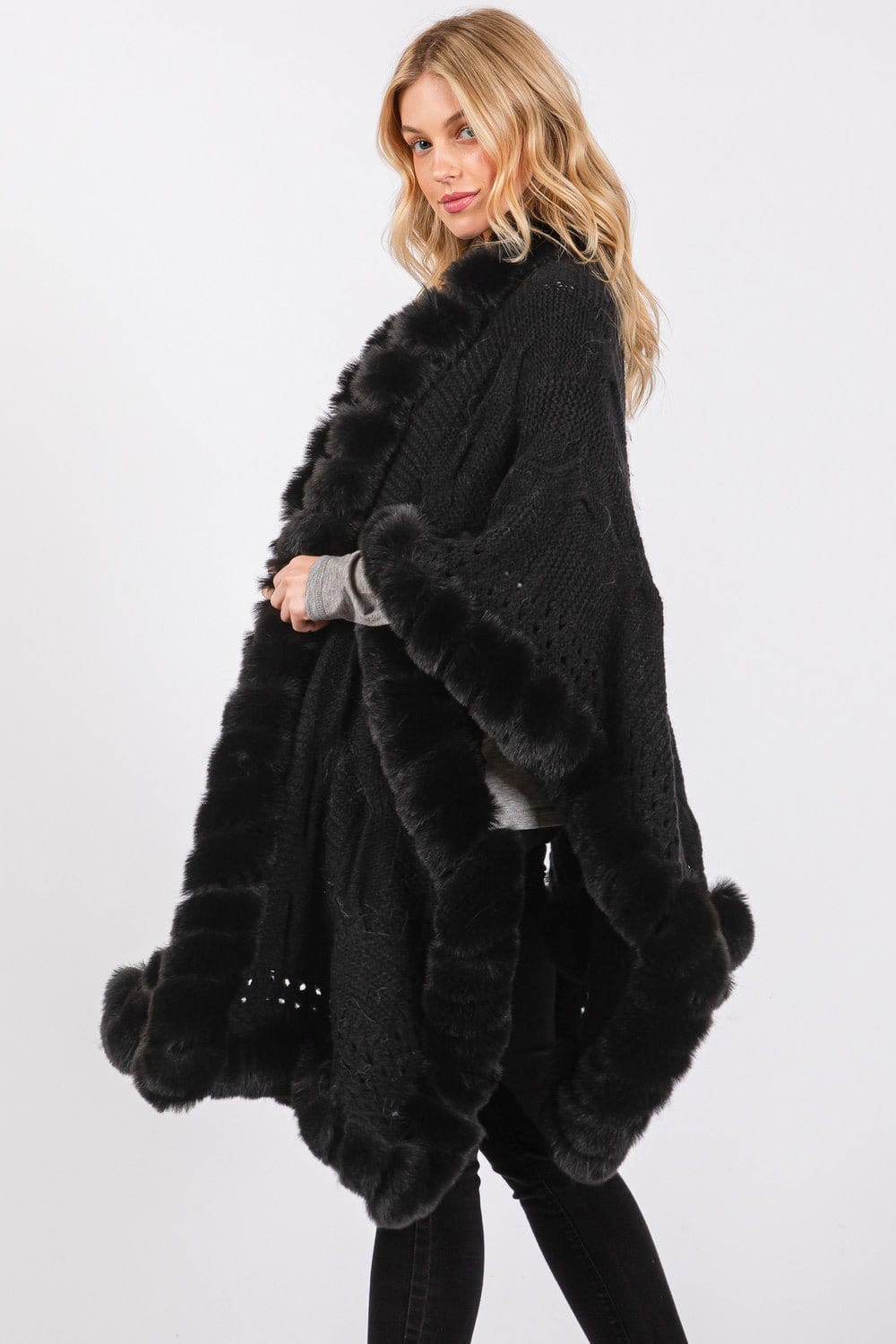 MS0408 Faux Fur Trim Cape With Closure - MiMi Wholesale