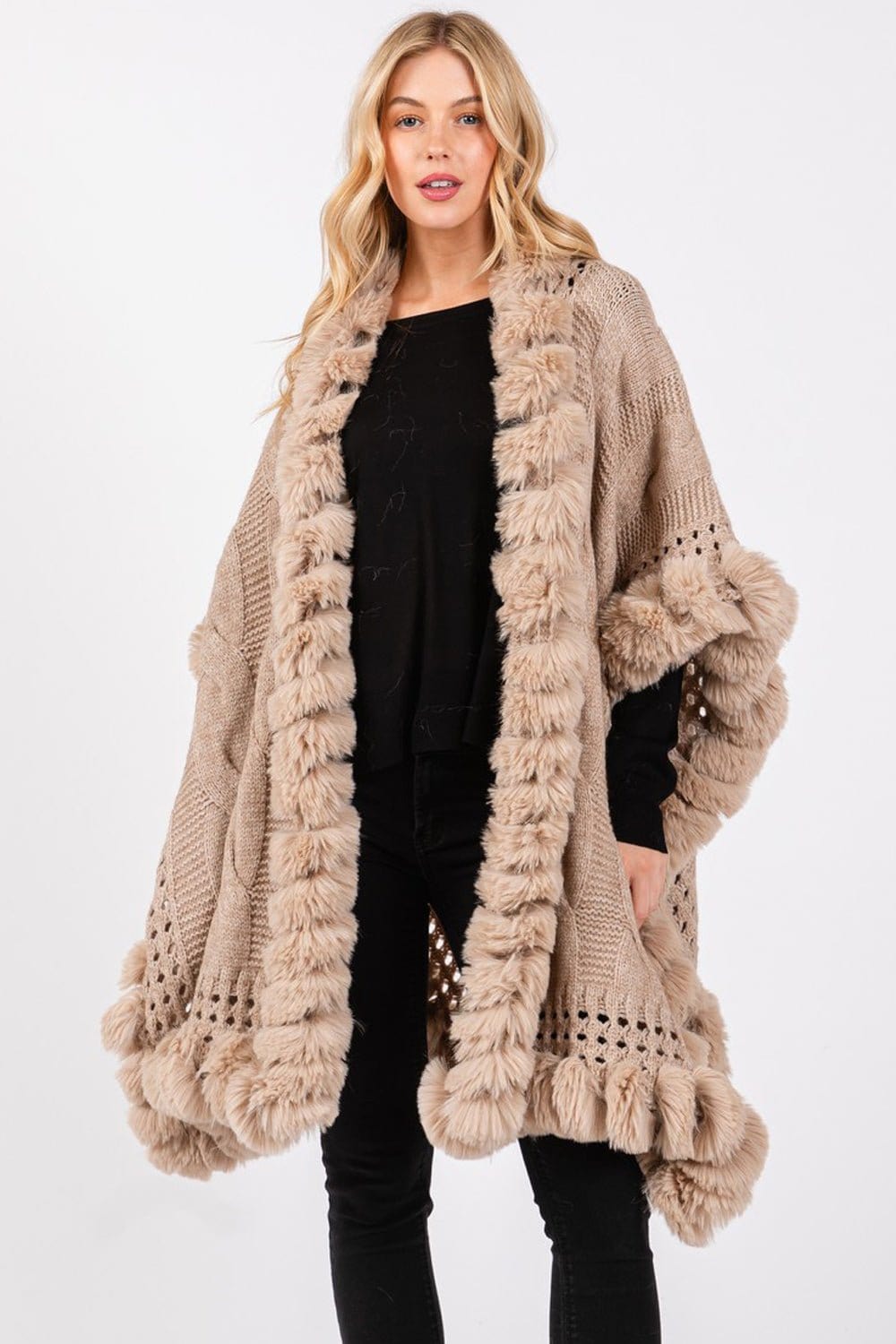 MS0408 Faux Fur Trim Cape With Closure - MiMi Wholesale