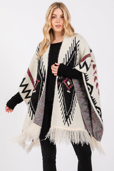 MS0410 Aztec Pattern Tassel Knit Ruana - MiMi Wholesale