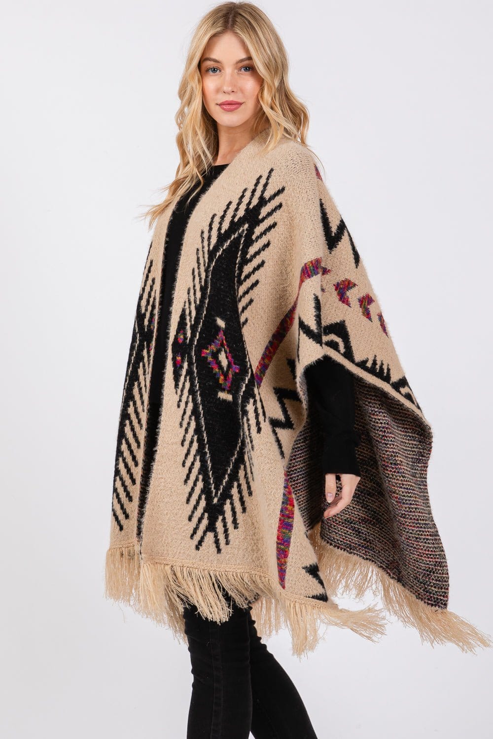 MS0410 Aztec Pattern Tassel Knit Ruana - MiMi Wholesale