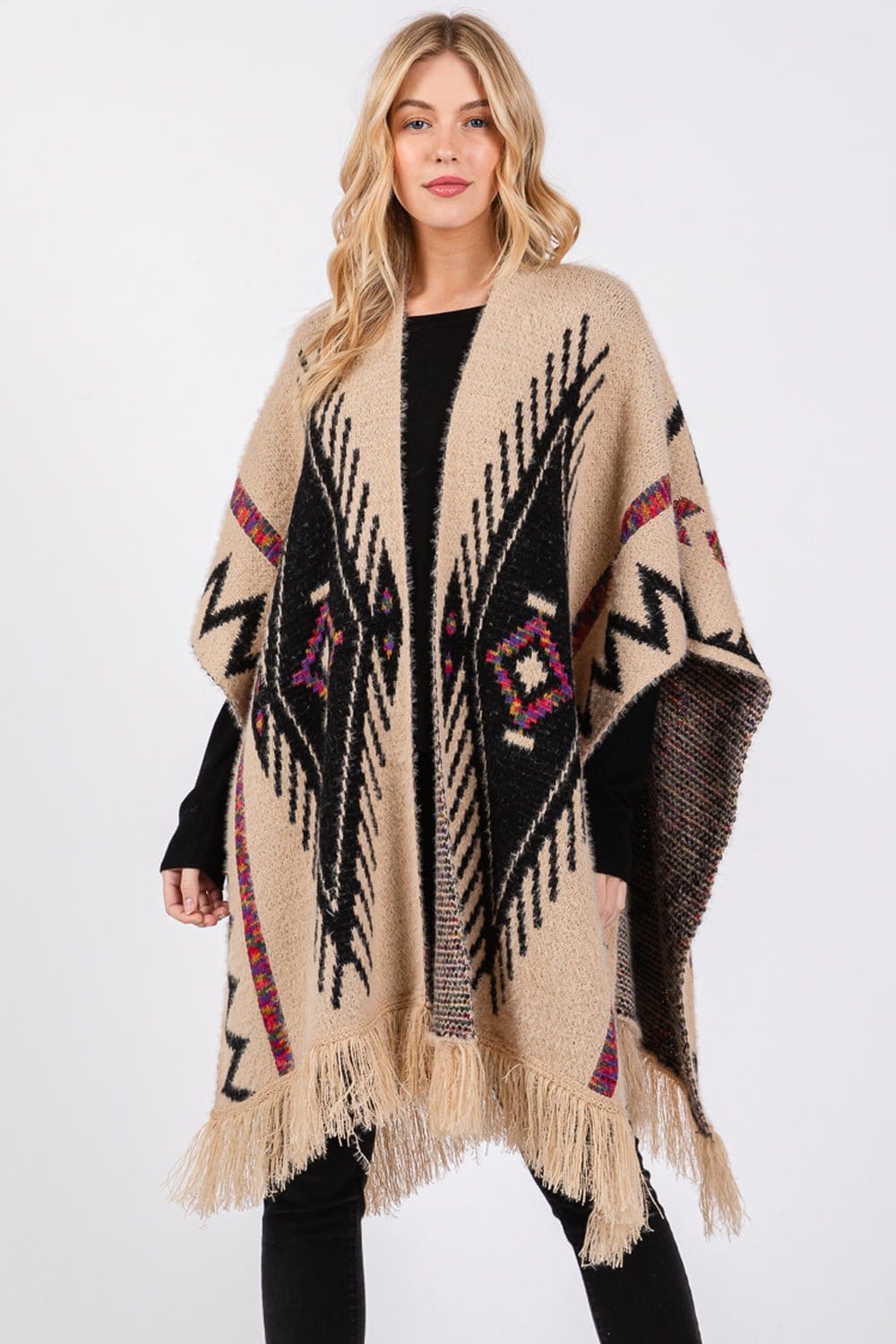 MS0410 Aztec Pattern Tassel Knit Ruana - MiMi Wholesale