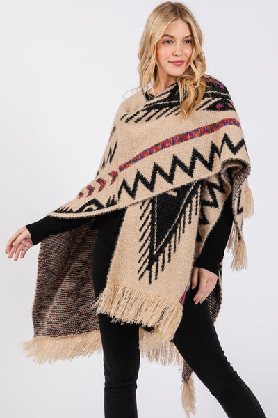 MS0410 Aztec Pattern Tassel Knit Ruana - MiMi Wholesale