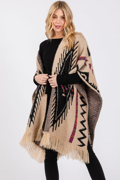 MS0410 Aztec Pattern Tassel Knit Ruana - MiMi Wholesale