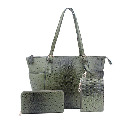 OS1009W 3 Piece Crocodile Pattern Tote Bag Set - MiMi Wholesale