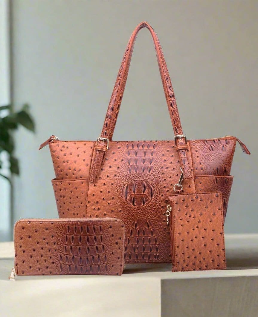 OS1009W 3 Piece Crocodile Pattern Tote Bag Set - MiMi Wholesale