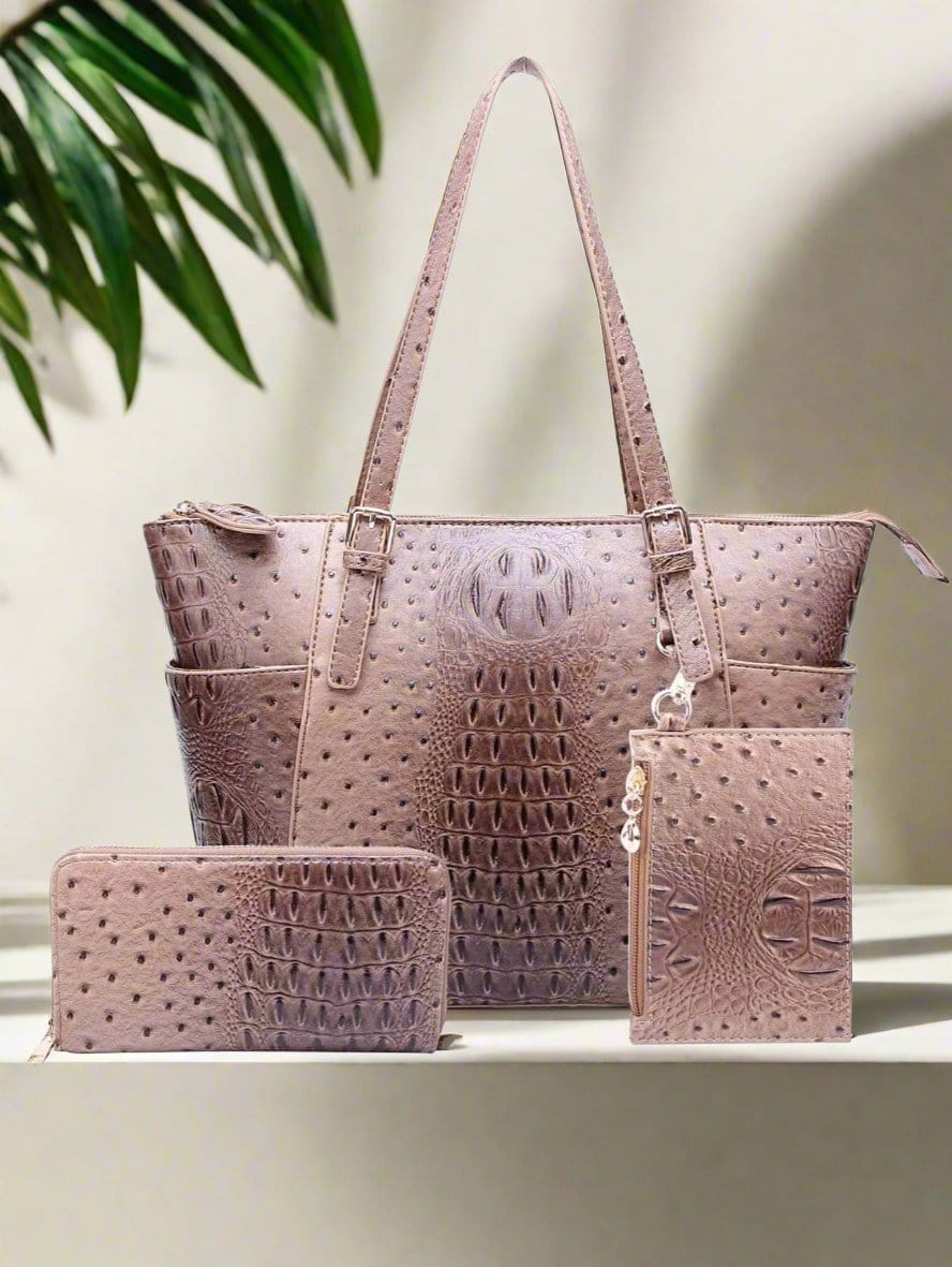 OS1009W 3 Piece Crocodile Pattern Tote Bag Set - MiMi Wholesale