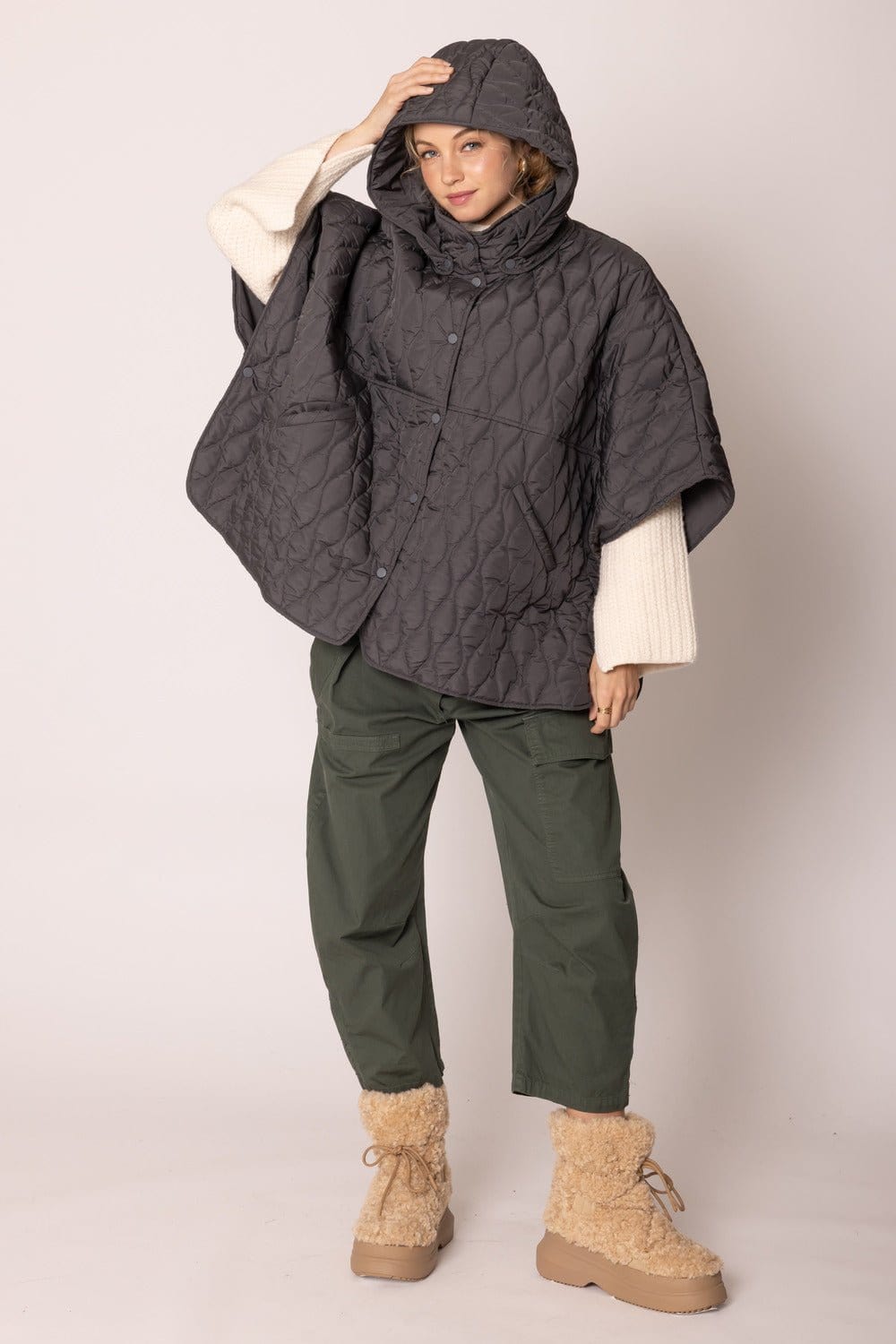 QCM420013 Quilted Puffer Poncho With Removable Hood - MiMi Wholesale