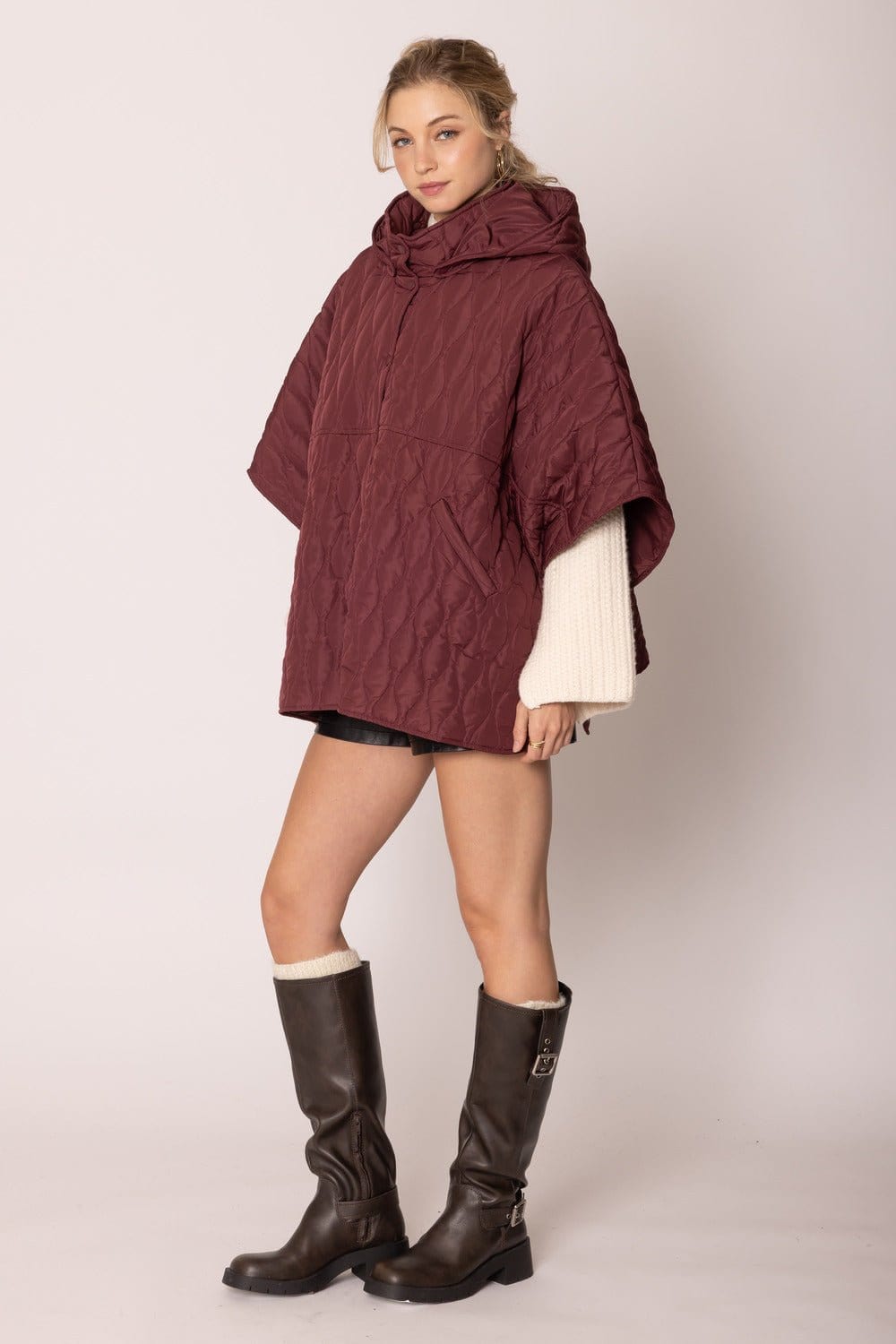 QCM420013 Quilted Puffer Poncho With Removable Hood - MiMi Wholesale