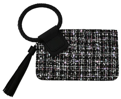 TW204 Tweed Cuff Handle Tassel Wristlet/Clutch - MiMi Wholesale