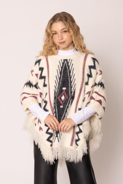 WCP420057 Aztec Tassel Poncho - MiMi Wholesale